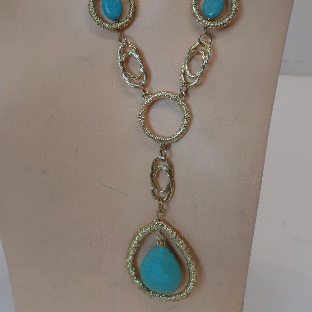 GCM Goldtone &  Faux Turquoise Necklace  Adjustable to 18”